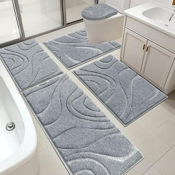 Bathroom Rugs Sets 5 Piece, Soft Absorbent Microfiber Bath Mat for Bathroom, Non Slip Washable Bath Rug Set with Toilet Cover, Bath Runner and U-Shaped Contour Toilet Rug, Light Grey