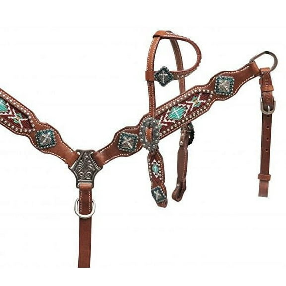 Showman Pony Headstall & Breast Collar Set w/ Teal Cross Beaded Inlay