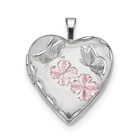 Lockets Sterling Silver Rhodium-plated Enameled Flowers & Butterfly Heart Locket