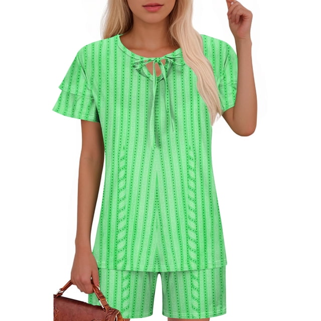 Ensembles de Pyjama pour Femmes 2 Pcs, Mode Décontractée pour Femmes Manches en Dentelle Imprimée Haut Décontracté Pantalon Ensemble de Pyjama