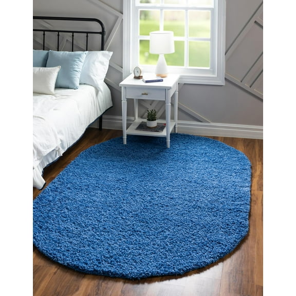 Rugs.com Solid Shag Collection Rug – 3' x 5' Oval Periwinkle Blue Shag Rug Perfect For Living Rooms, Large Dining Rooms, Open Floorplans