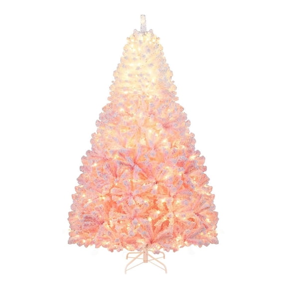 GVN 7ft Artificial Christmas Trees with Warm White LED Lights and 8 Modes, Xmas Decoration Tree for Indoor, Outdoor, Holiday Decor, White & Pink