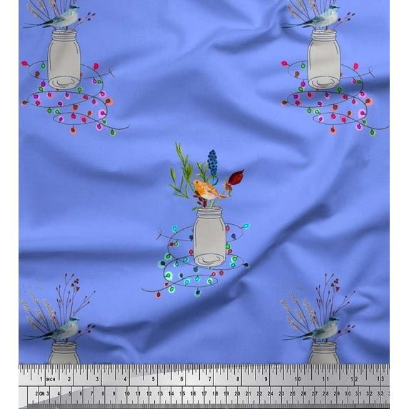 Soimoi Velvet Fabric Flower Jar,Warbler & Mountain Blue Bird Print Fabric by The Yard 58 Inch Wide