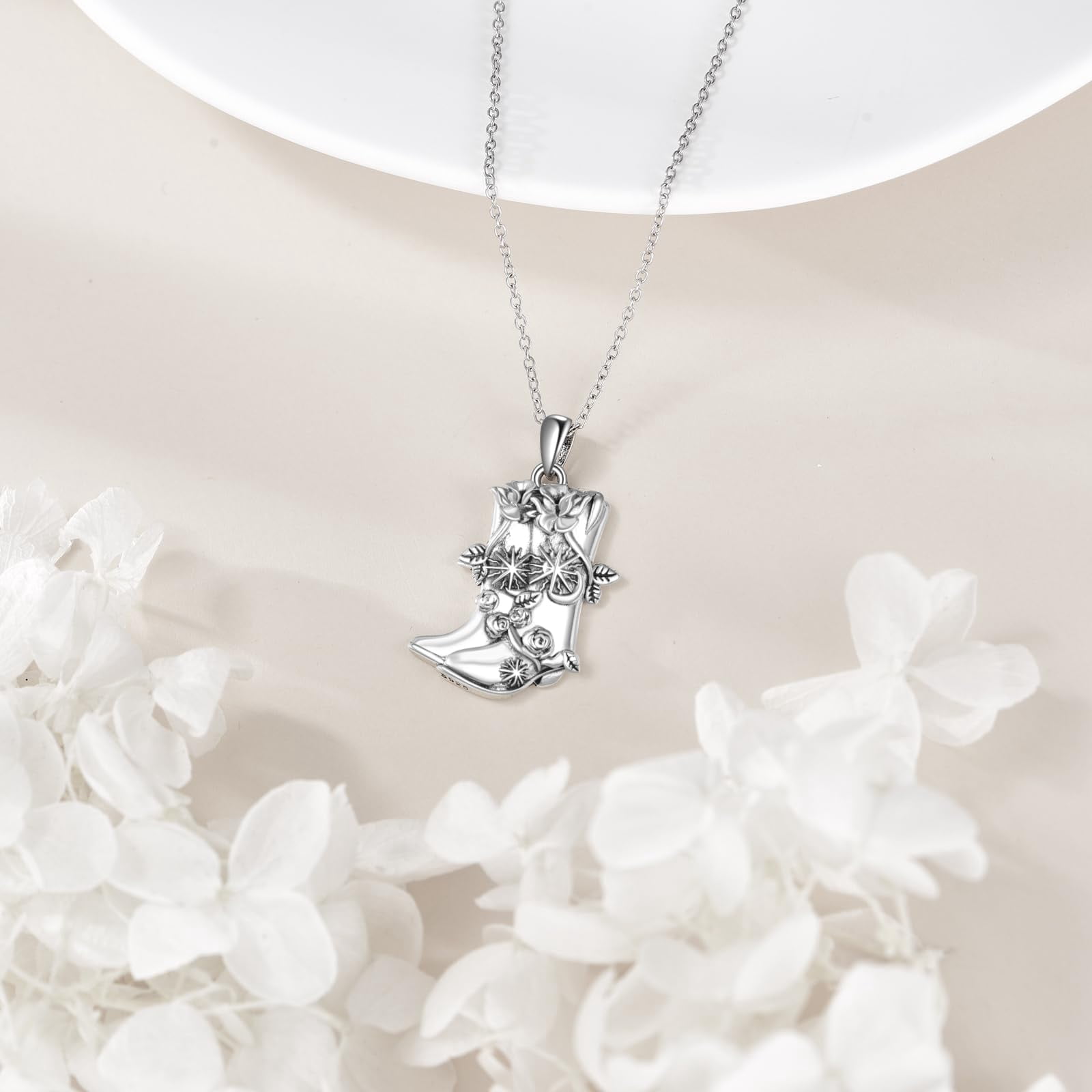 YAFEINI Cowboy Boot Necklace 925 Sterling Silver Western Cowgirl Pendant Necklaces Texas Boot Jewelry Wild West Country Equestrian Gift for Women Cowboys Horse Lover