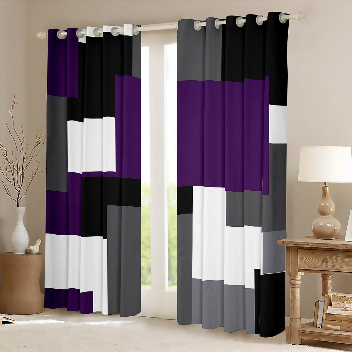 Erosebridal Abstract Plaid Curtains and Drapes (38Wx54L),Sqare Rectangle Blackout Curtains for Bedroom,Geometric Grid Curtains Pack of 2 (38Wx54L),Geometry Room Decorative