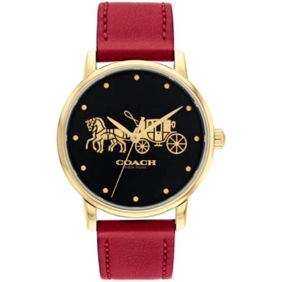 Coach Grand Black Dial Carriage Design Red Leather Strap Womens Watch