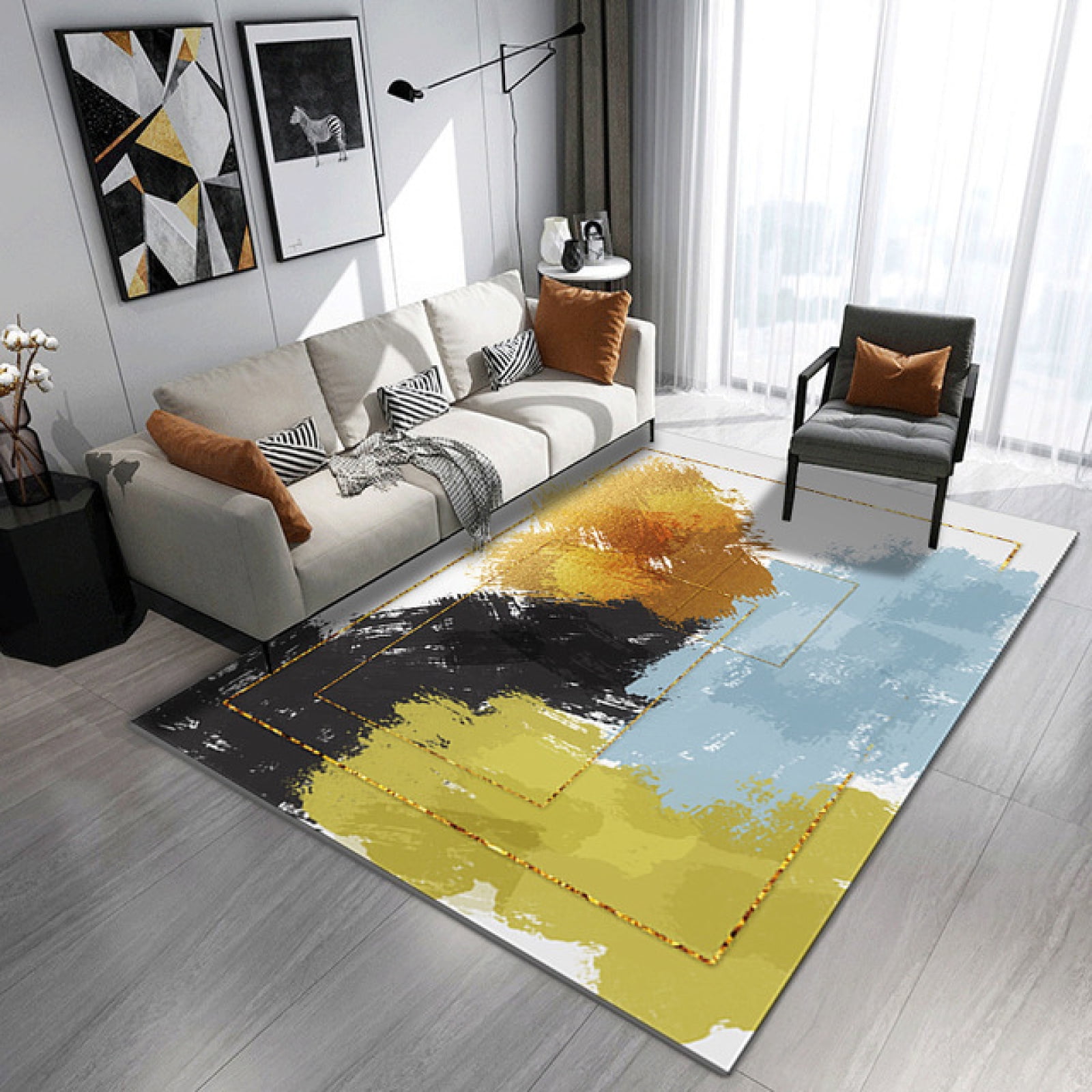 Abstract Gray Gold Marble Textured Area Rugs Indoor StainProof Carpet Floor Mat Runner Rugs For