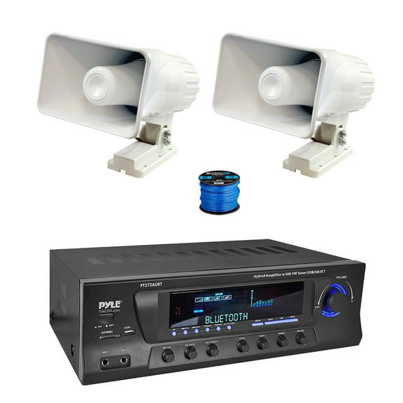 Enrock Home Theater 4-Channel 300 Watt Bluetooth USB AM/FM Stereo Amplifier Receiver, 2x 6" 50 Watt Indoor/Outdoor Portable PA Horn Speakers w/Wire
