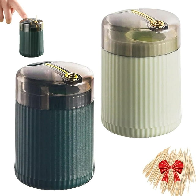 Pop-Up Automatic Toothpick Dispenser, Push Button Toothpick Holder Pops Out, for Home Livingroom Kitchen (2, Dark green+Light green, 3.35*2.36in)