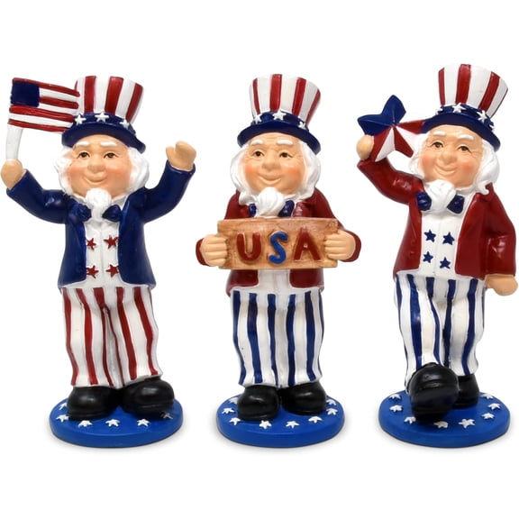 Gift Boutique Uncle Sam Figurines Set of 3, Patriotic Resin Decor, 5 Inch USA Statue, 4th of July Independence Day Tabletop Decorations
