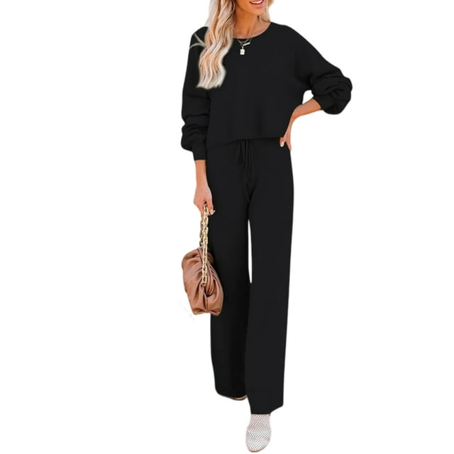 Fashnice Ensembles de Survêtements pour Femmes Col Rond Ensemble de Jogging à Manches Longues Coupe Ample Haut Court Pantalon Grand Noir P