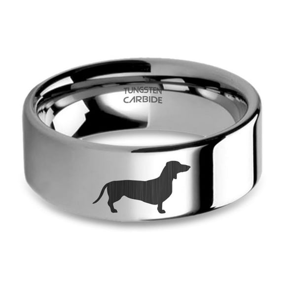 Dachshund Sausage Dog Laser Engraved Silver Tungsten Carbide Ring, 8mm, Size 15