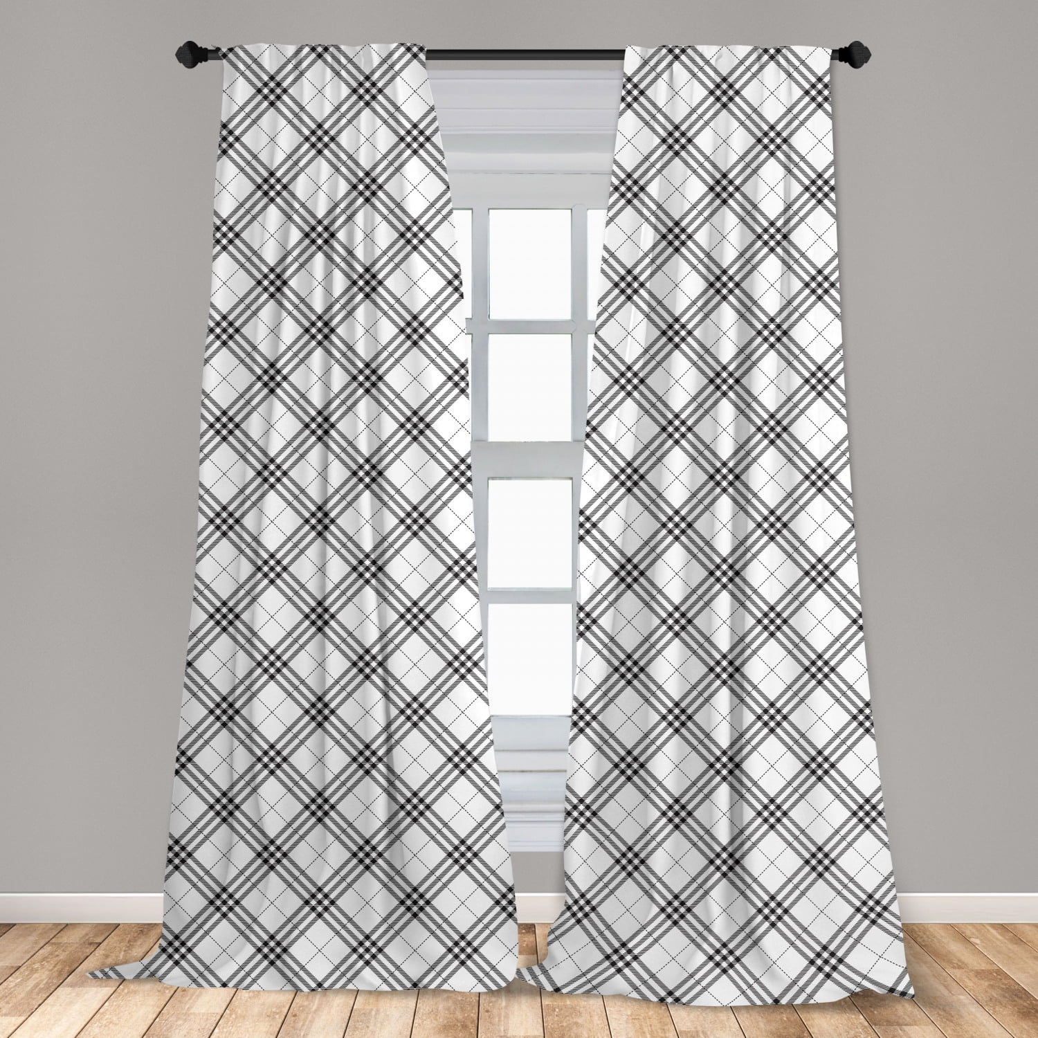 Plaid Curtains 2 Panels Set, Monochromatic Diagonal Pattern with Checks