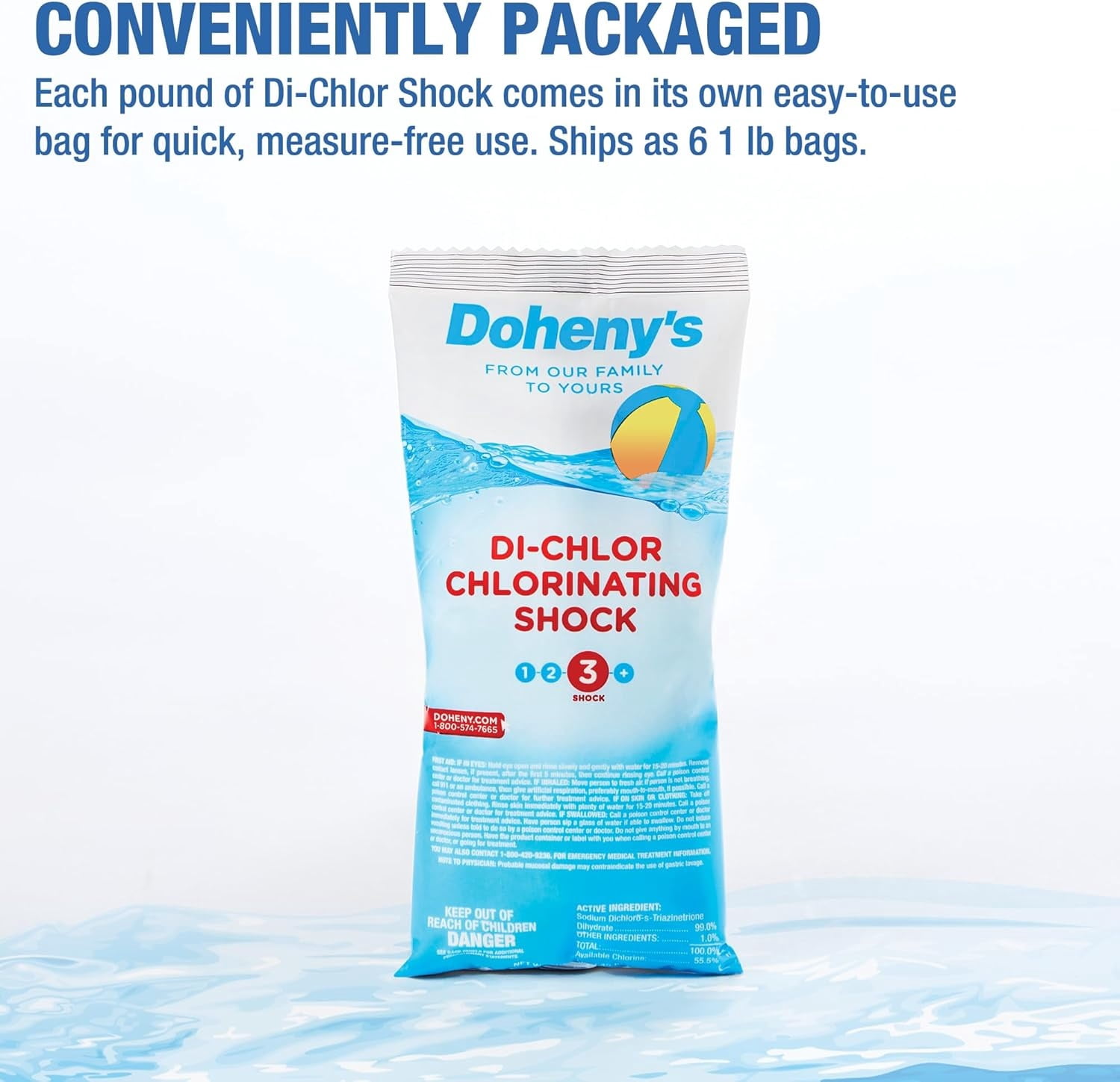 Doheny’s Stabilized Chlorine Pool Shock for Swimming Pools, Fast-Dissolving Di-Chlor Granular Treatment, 56% Available Chlorine, 6 x 1 lb Bags (6 lb Total)