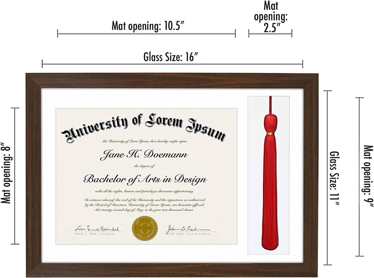 Americanflat 11x16 Walnut Graduation Frame 2 Opening Mat Displays 8.5"x11" Diploma or Certificate and Tassel. Tempered Shatter-Resistant Glass. 2X Sawtooth Hangers.
