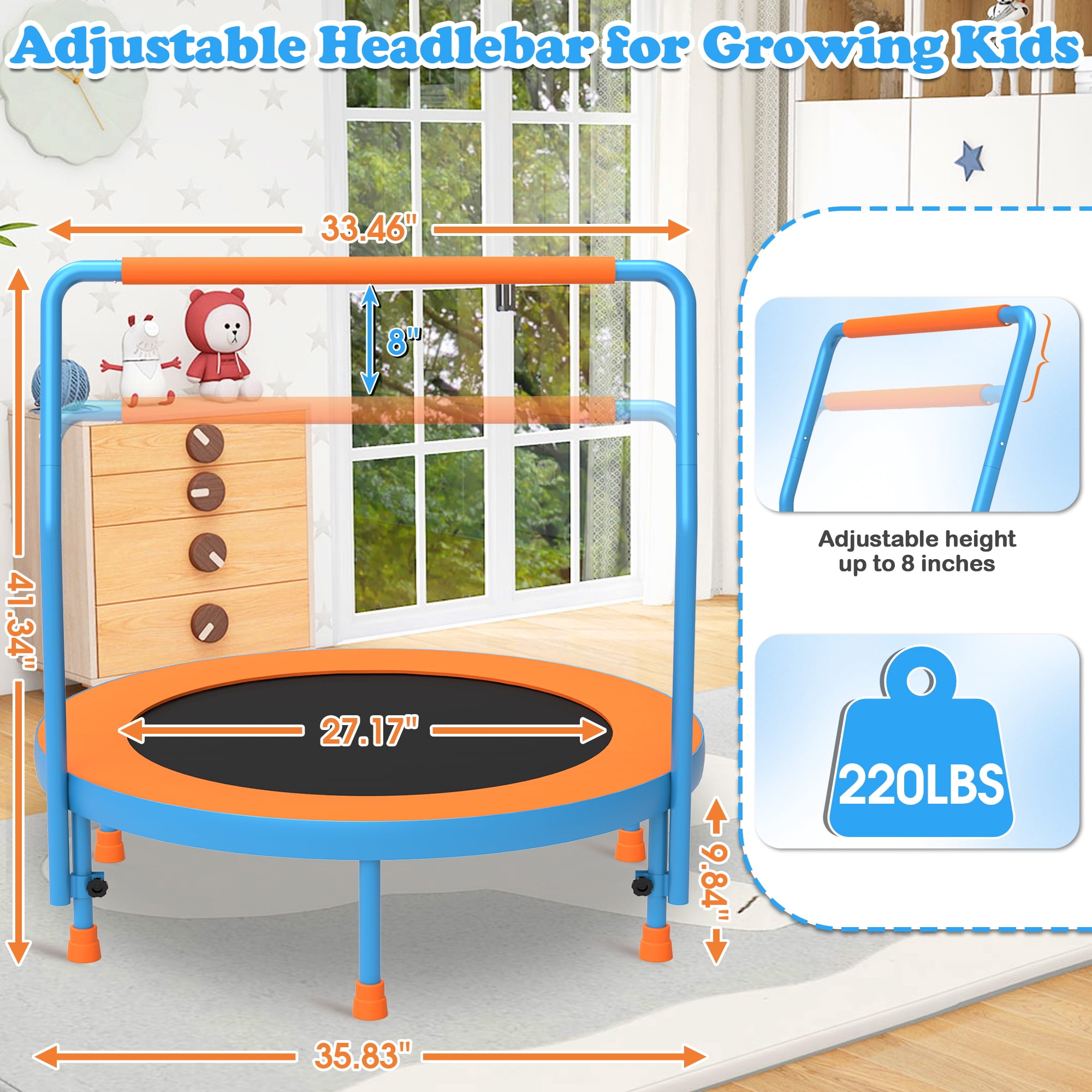 Cochan 3FT Toddler Trampoline with Handlebar Height Adjustable, Max Load 220LBS 36'' Indoor Mini Trampoline for Toddlers, Small Trampoline for Kids Age 1-6, Noise Free, Quick Assembly