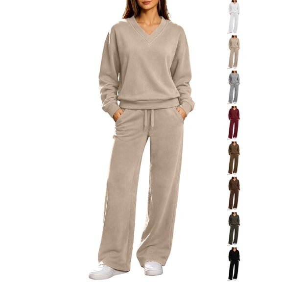 Hoodies for Women Dqueduo Women's Casual Loose V-Neck Long Sleeve Pullover Top And High Waist Wide Leg Pants Tracksuit Set, Sizes S-XXL