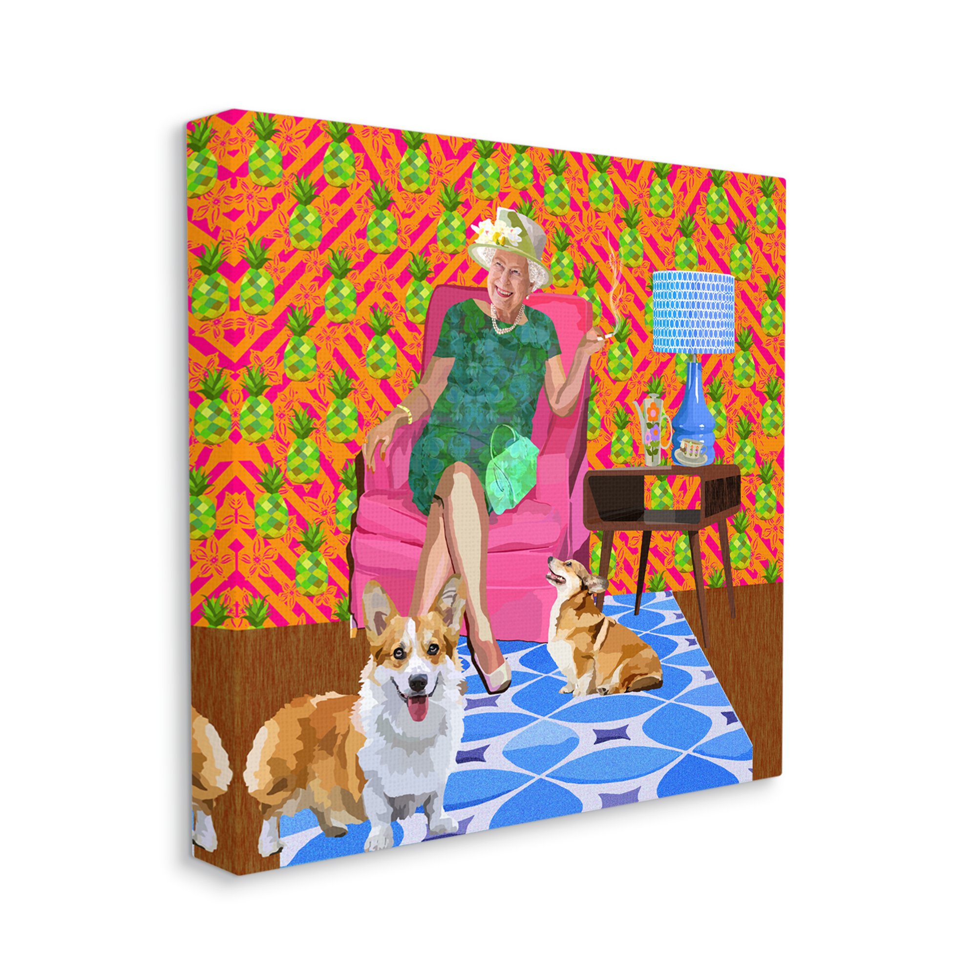 Stupell Industries Modern Queen Corgi Dogs Pineapple Patterned Background Graphic Art Gallery-Wrapped Canvas Print Wall Art, 24x24, by Lynnda Rakos