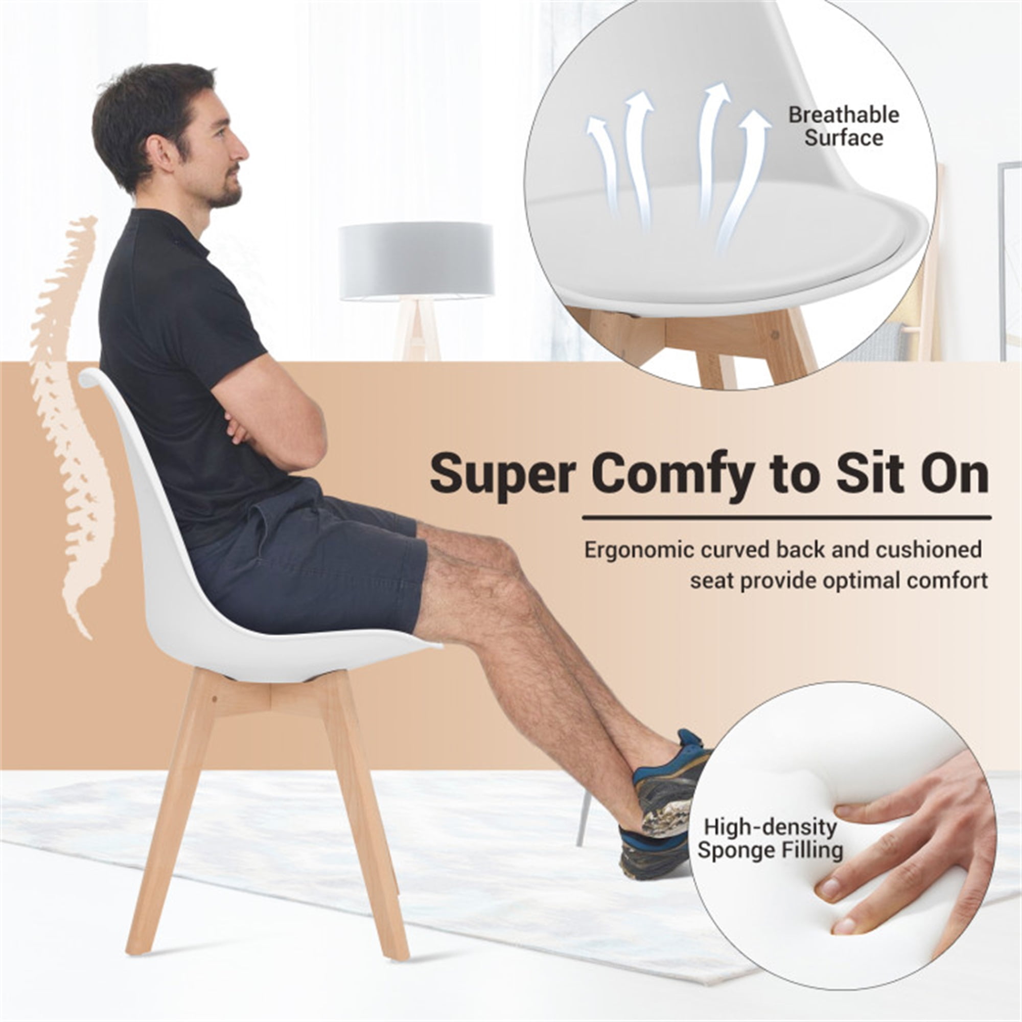 Demi Bonn Set of 4 Dining Chairs Mid-Century Modern Shell PU Seat with Wooden Legs, White