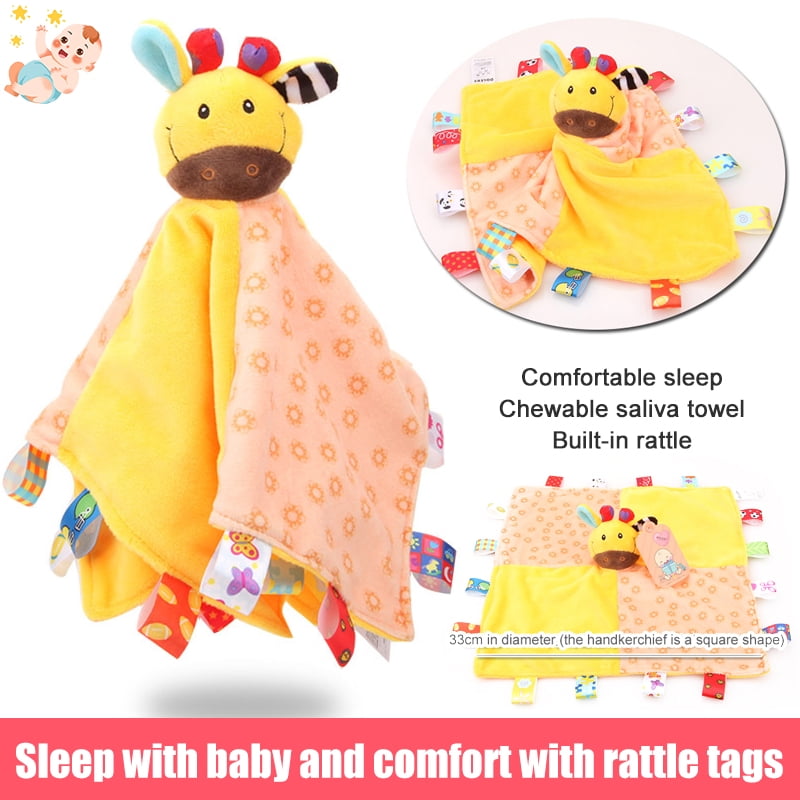 Infant Comfort Security Blanket with Colorful Tags Soft Plush Taggy Blanket Baby Tags Toy for Girl-Pink Flower 