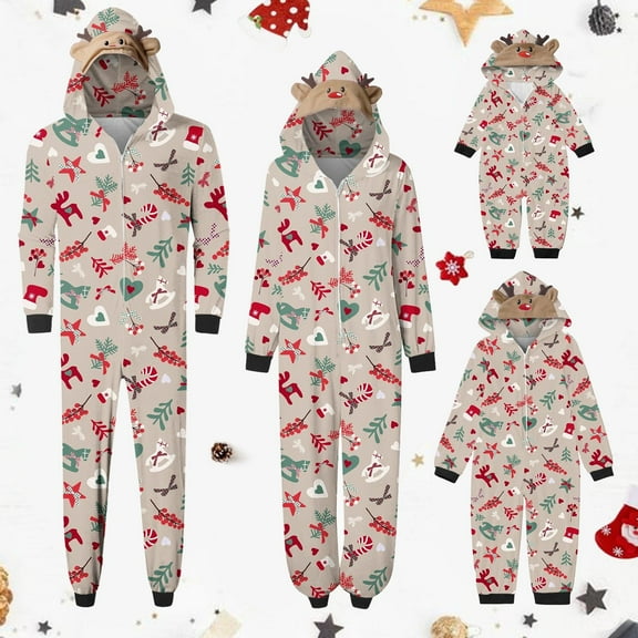 Odeerbi Matching Family Christmas Pajamas Sets Parent-Child Warm Hooded Jumpsuit Set Xmas Printed Home Wear Loungewear Sleepwear Jammies for Dad