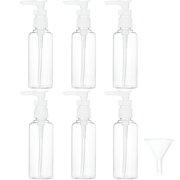 6 Pack Small Pump Bottles Clear Travel Bottle Plastic Empty Spray Dispenser Hand Lotion Sanitizer Refillable Accessories Set with Small Funnel for Flight, Airport, Holiday(100 ml,White)