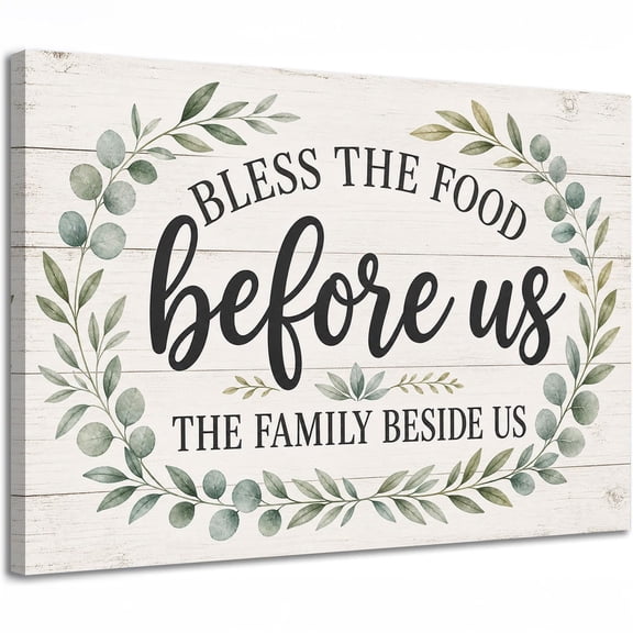 Bless the Food Canvas Wall Art, Rustic Farmhouse Kitchen Sign with Greenery, Inspirational Dining Room Decor