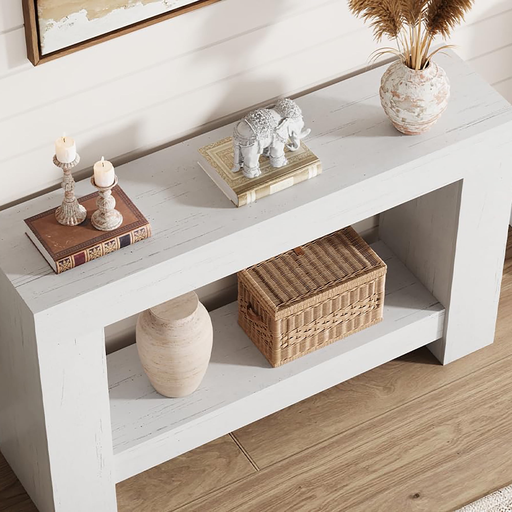 47'' Long Console Table, 2-Tier Narrow Entryway Table Sofa Table with Storage, Farmhouse Wood Behind Couch Table for Living Room, Hallway, White