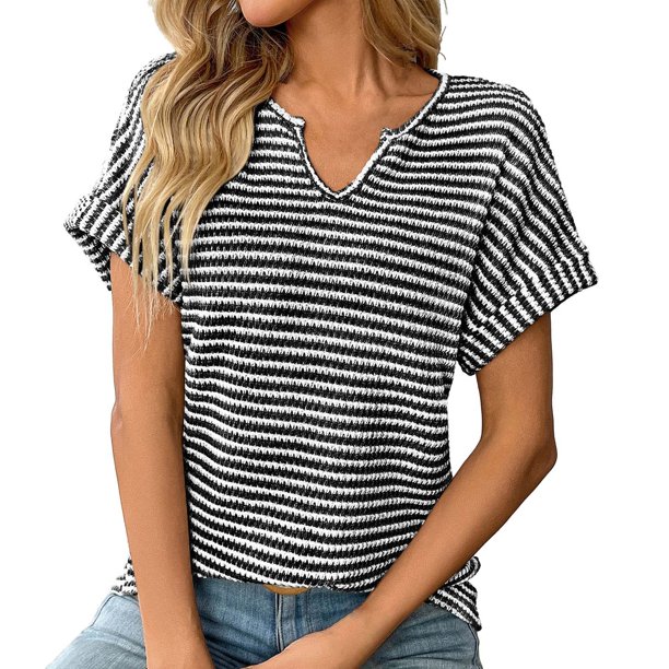 Camiseta elegante informal de manga corta y cuello en V a rayas para mujer - Blusa holgada de verano, poliéster - Adecuada para el trabajo/citas - Tallas estadounidenses 4-20
