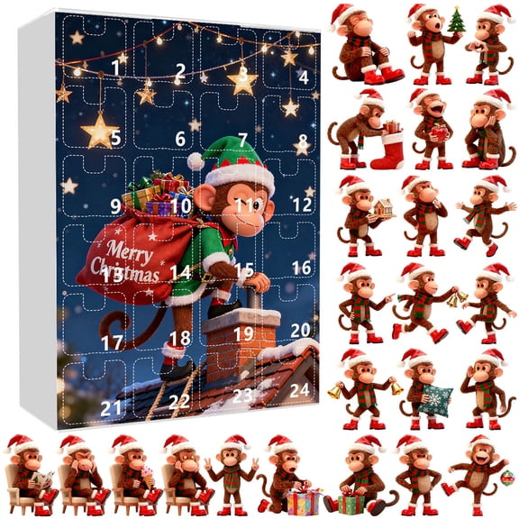 Christmas Advent Calendar 2026, 24 Days Playful Monkey Pendant Countdown Box with Holiday Hat and Scarf Designs, Holiday Countdown Decor for Christmas Tree and Window Display