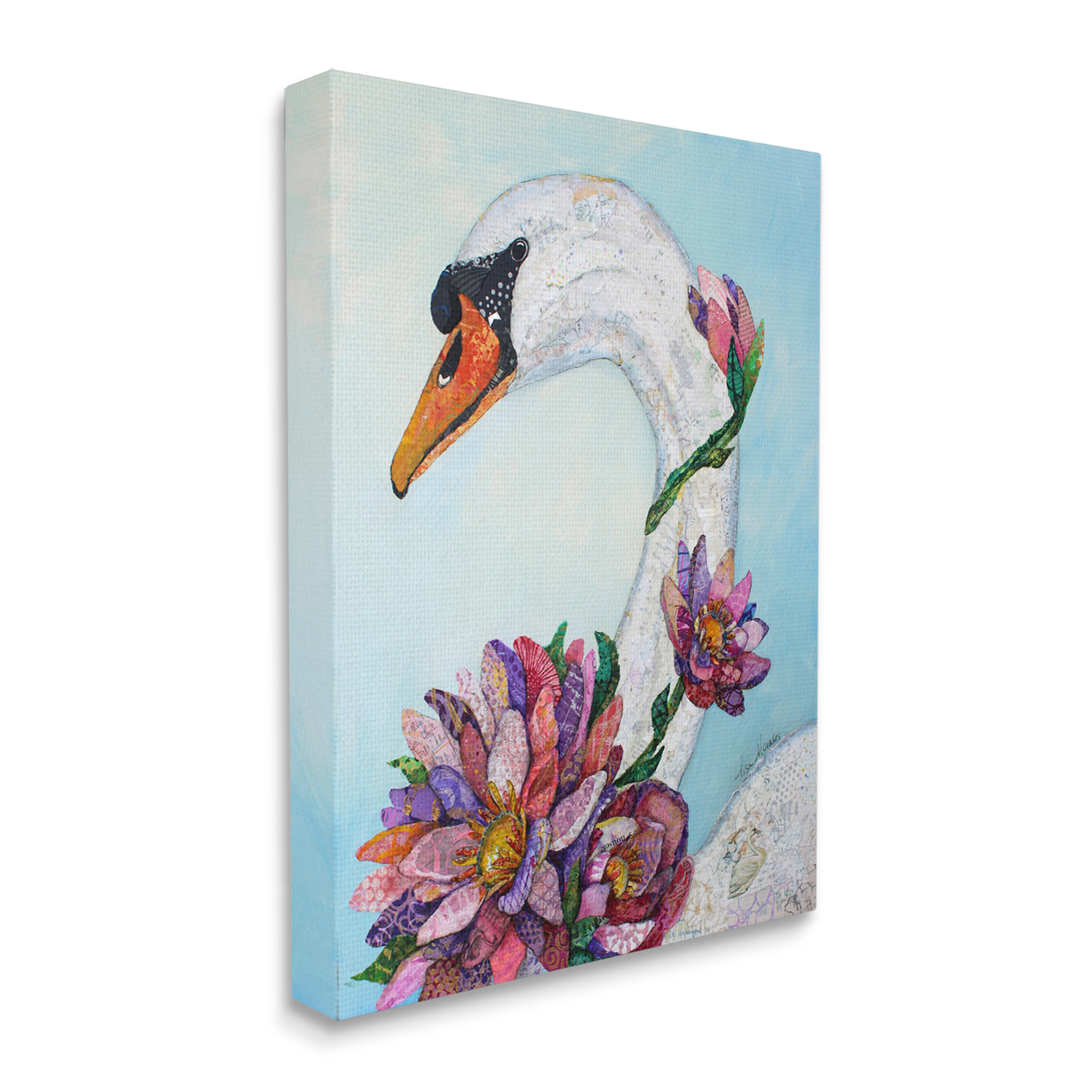 Stupell Industries Swan Bird Vivid Lotus Flower Blossoms Collage Painting Gallery Wrapped Canvas Print Wall Art, Design by Lisa Morales