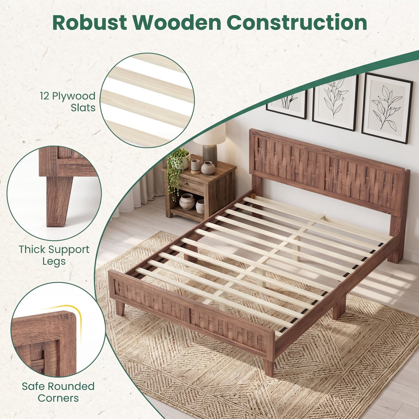 Furnibear Queen Size Mid Century Wood Platform Bed Frame with Woven Accent Headboard and Footboard for the Bedroom, Walnut