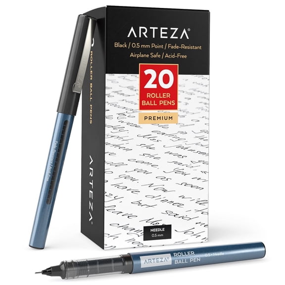Arteza Rollerball Pens, Black, 20 Count, 0.5mm Needle Point