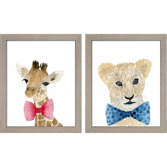 Great Art Now Giraffe & Lion With Bow Tie by Lucille Price, 2 Piece Framed Art Set Each 9"W x 11"H