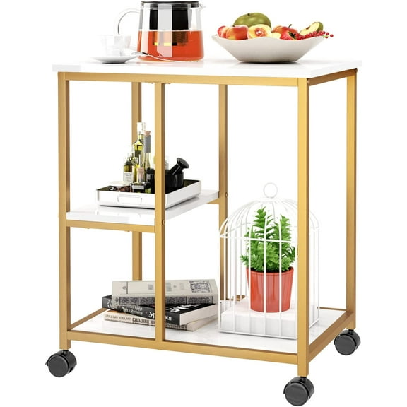SogesHome Gold Bar Cart, Utility Bar Serving Cart Kitchen Island Rolling Cart on Wheels with Shelves for Living Room, Office, Coffee