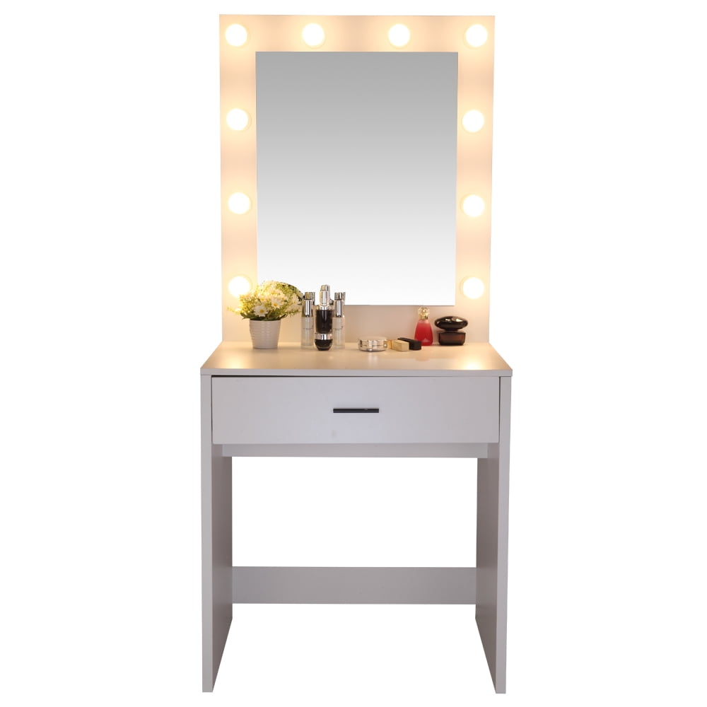 Lowestbest Pattern Dressing Table, Large-Mirror Single-Drawer Vanity Table with Warm Light, White