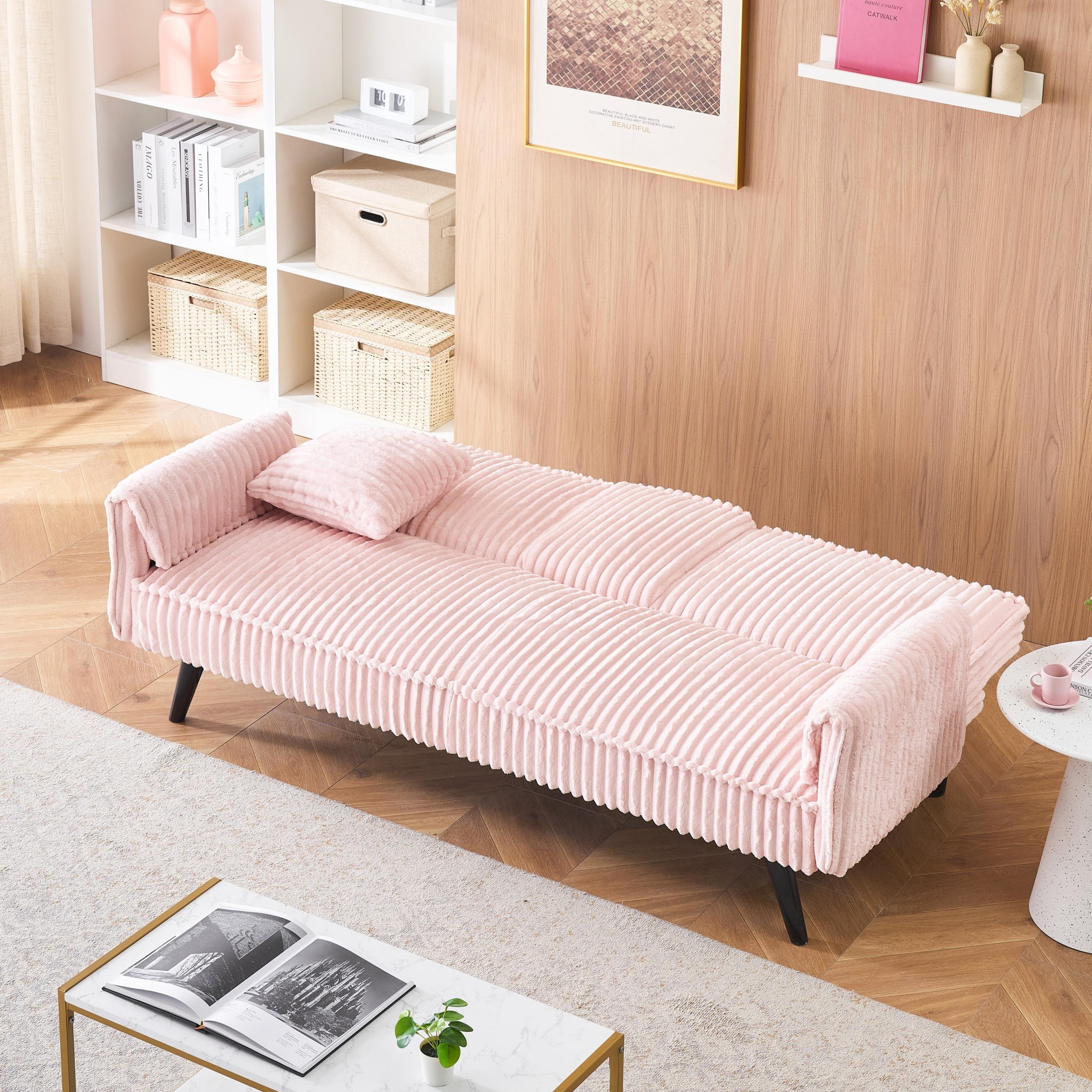 Jopath Modern Corduroy Futon Sofa Bed,Convertible Loveseat Sleeper Sofa Couch with Adjustable Backrest & Cup Holder for Living Room,Pink