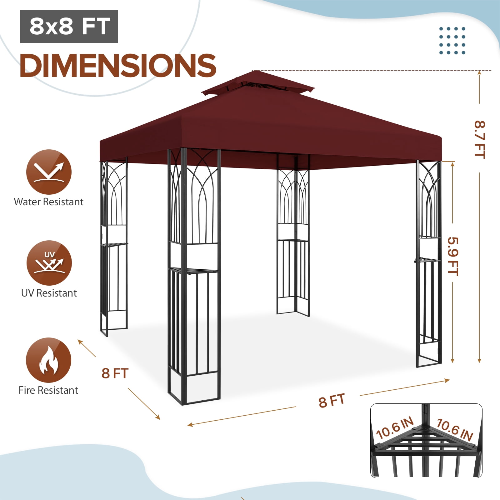 EAGLE PEAK 8 ft. x 8 ft. Outdoor Patio Gazebo with Double Roof,Red
