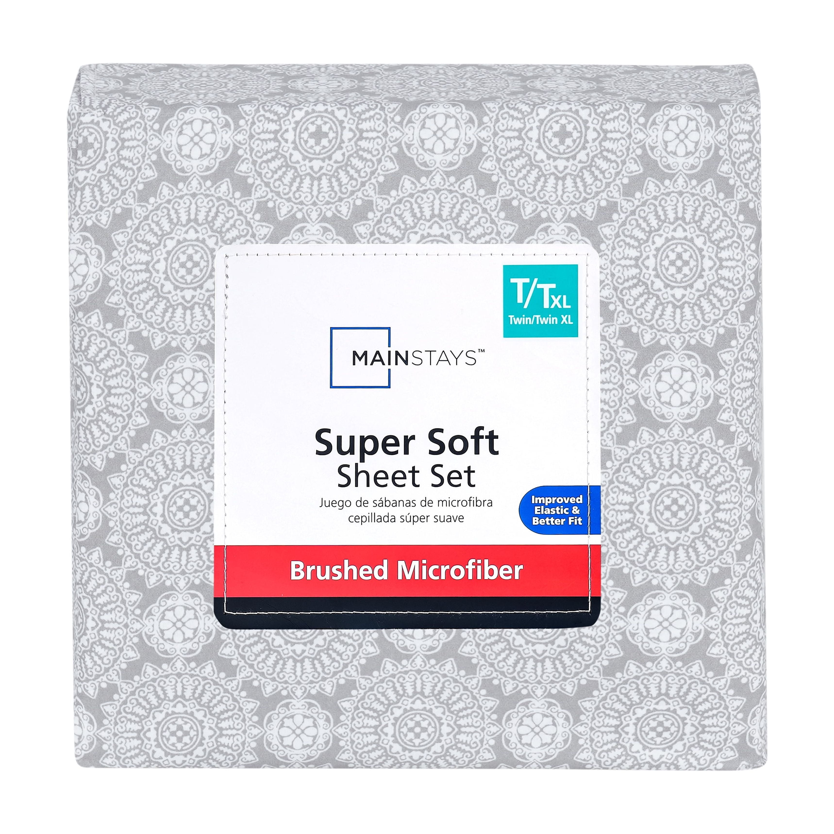 Mainstays Super Soft Brushed Microfiber Bed Sheet Set, Gray Medallion, Twin-XL, 3 Piece