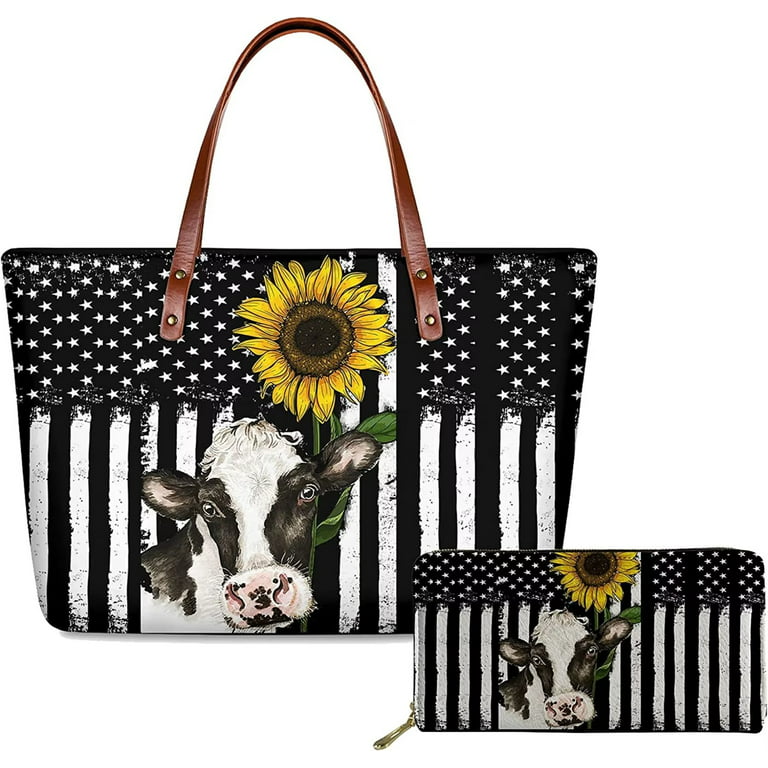 Pzuqiu Handbag and Wallet Set Cow Sunflower Print Top Handle Bags Casual  Shoulder Handbags for WomenMedium Size School Beach Work Satchel Bag Tote