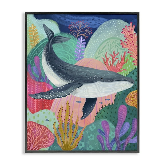 Stupell Industries Bright Whale & Sea Coral Nautical & Beach Painting Black Framed Art Print Wall Art, 11 x 14