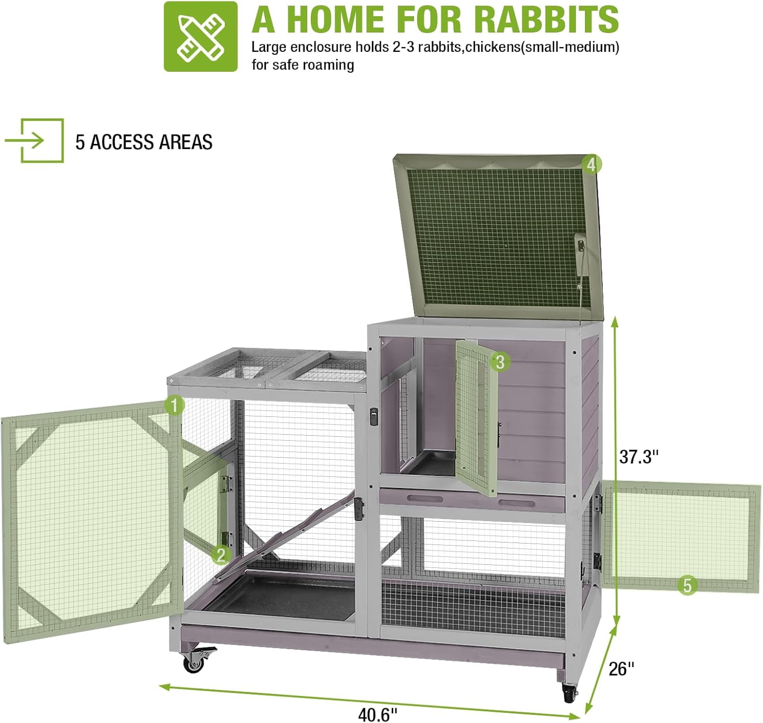 2-Story Rabbit Hutch Bunny Cage with Leak-Proof Trays & Chew-Proof Ramp - Indoor/Outdoor 39.3" Wooden Rabbit Cage with Wheels for Rabbits, Guinea Pigs, Small Animal (Grey)