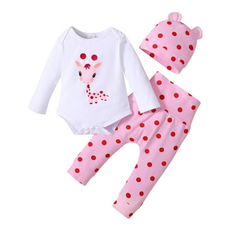 

Baby Girls Boys Cute Cartoon Long Sleeve Romper Tops Polka Dot High Waisted Trousers With Hat Outfit Set