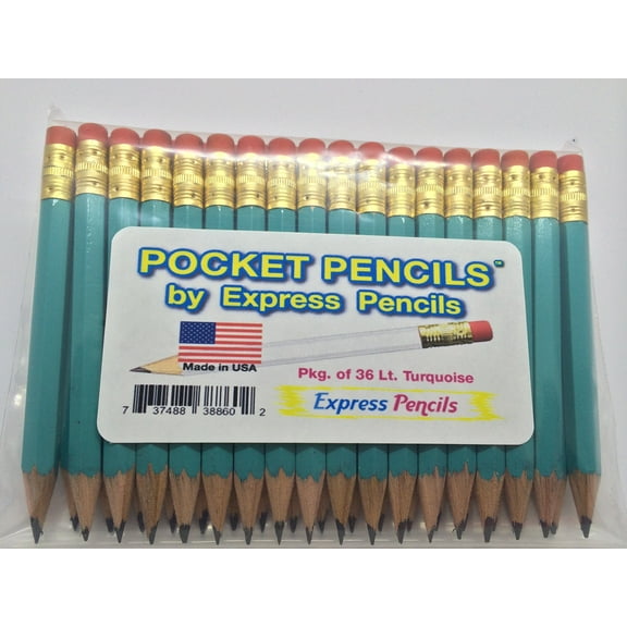 Half Pencils with Eraser - Golf, Classroom, Pew, Short, Mini - Hexagon, Sharpened, 2 Pencil, Color - Light Turquoise, Pkg of 36 Pocket Pencils