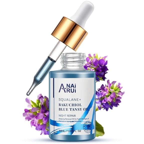 ANAiRUi Bakuchiol Blue Tansy Night-Repair Facial Oil Natural Retinol Alternative   Squalane Jojoba, for Deep Wrinkles & Fine Lines Soothing,Calm & Soothe Redness,Hydrating, Balancing, 1 fl.oz