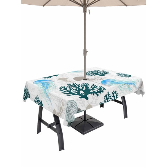 Outdoor Tablecloths with Umbrella Hole & Zipper, Jellyfish Coral Coastal 60 x102 Inch Rectangle Tablecloths, Nautical Summer Beach Ocean Sea Waterproof Table Cloth, Patio/Pool/Picnic Table Covers