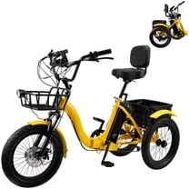 VIPQV Yellow Electric Tricycle for Adults, 22MPH 27Miles 7-Speed Ebike, 3 Wheel Folding Electric Tricycle 18", Mountain E Bike, 350W Electric Trike 48V 13AH UL2849