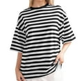 thumbnail image 2 of Npasoilc Summer Tops for Women Casual Short Sleeve Round Neck Blouse Striped Color Block Trendy Loose Pullover T-shirts, 2 of 5