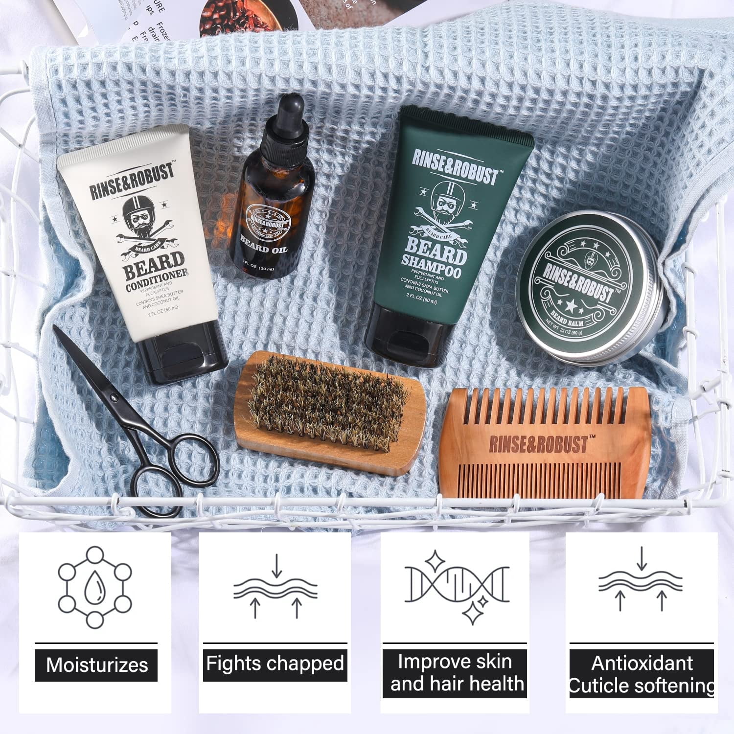 Beard Kit for Men Beard Care Sets, 8pcs with Traveling Bag, Beard Grooming Wash & Beard Conditioner Kit, Peppermint & Eucalyptus Gifts for Him, Husband
