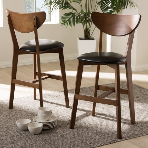 Modern Counter Stools Set of 2 - Black Faux Leather & Walnut Finish - Mid-Century Design